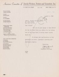Valia Hirsch to JPFO Requesting $70 Remittance, April 1946 (correspondence)