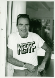 Man wearing NGTF shirt on Fire Island trip