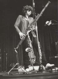 Photograph of Lindsay Cooper performing on the bassoon
