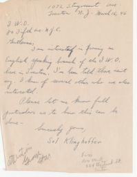 Sol Klinghoffer to IWO Regarding Formation of English Speaking Branch, March 1946 (correspondence)