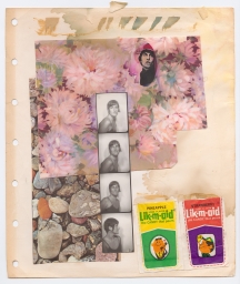 A collage Cottrell made with photos of Tee A. Corinne, images of flowers and stones, and Lik-m-aid candy wrappers.