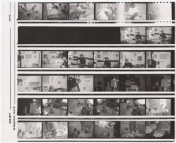 Contact sheet of Daniel Berrigan and some children around a kitchen table