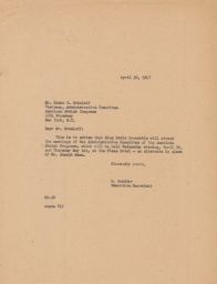 Gedaliah Sandler to Simon E. Sobeloff about Sadie Doroshkin's Attendance at Meetings, April 1947 (correspondence)