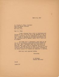 Rubin Saltzman to Dr. Stephen S. Wise about Birthday Wishes, March 1947 (correspondence)