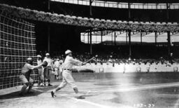 Polo grounds and Giants at Polo grounds. Giants batter mid-swing.