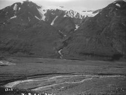 Panorama of end of Hidden Glacier from elevated gravel terrace west of deep gully. From Gilbert's site