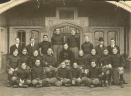 Football, 1908 undefeated team (varsity) with Captain W. Hollenback, Coach Metzger, Trainer Murphy, group photograph