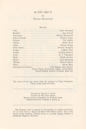 As You Like It by William Shakespeare playbill: cast list.