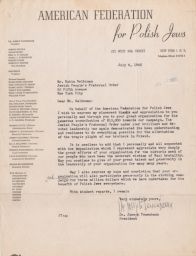 Joseph Tenenbaum to Rubin Saltzman Thanking him for Aid, July 1945 (correspondence)