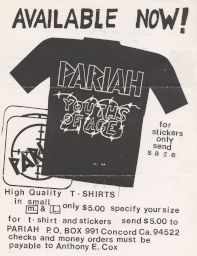 Advertisement for Pariah merchandise, circa 1983