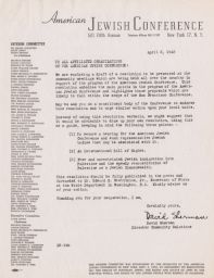 David Sherman to All Affiliated Organizations of the American Jewish Conference about Resolution Draft, April 1945 (correspondence)