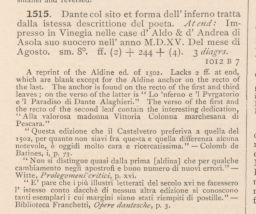 Entry for the 1515 Aldine edition of the Divina Commedia from the Catalogue of the Dante Collection.