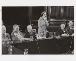 Gladys Chalkley, Helen Judy Bond, Frances Zuill, moderator Marjorie Rankin, Irma Gross, and Dora Lewis reminisce about their AHEA experiences at the 11th Lake Placid Conference