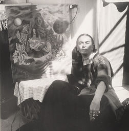 Frida with Painting "The Love Embrace of the Universe,the Earth,Myself,Diego and Senor Xolotl", Casa Azul, Coyoacán