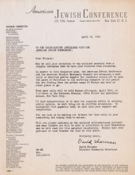 David Sherman to the Organizations Affiliated with the American Jewish Conference about Mass Rally, April 1945 (correspondence)
