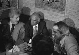 Tito Puente, Machito, and Joe Quijano at a party for Charlie Palmieri at Beau's, the Bronx