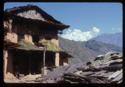 tamangko ghar/ pachadiko Gaurishankar himal (तामाङको घर/पछाडिको गौरीशंकर हिमाल / Tamang House and Mount Gaurishankar in the Distance)