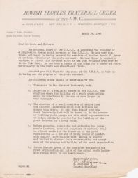 Rubin Saltzman to JPFO Members about Establishment of a Jewish Youth Movement, March 1946 (correspondence)