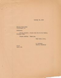 Rubin Saltzman to Hotel William Penn Requesting a Single Room, October 1946 (correspondence)