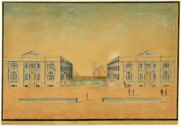 Ninth Street campus of the University of Pennsylvania, Medical Hall and College Hall (built 1829, William Strickland architect), 1830 watercolor by J. G. Caldelaugh