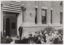 Fernow Hall entrance, close up, at a public event, w. Prof. Hosmer speaking (ca. 1930's)