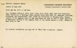Benjamin Nathan Cardozo (1870-1938), LL.D. (hon.) 1932, honorary degree record, typed card