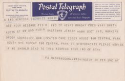 Postal Telegraph-Cable Company to IWO about Change of Address for Henry Monsky, February 1943 (telegram)