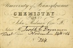 Admission ticket, John Redman Coxe's lectures on chemistry