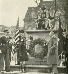 Dedication of Statue of Benjamin Franklin in front of College Hall on Jan. 21, 1939