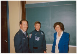 Randall Forsberg with two instructors at the Air Force in Colorado, preparing to address a lecture hall with 200 cadets on alternative defense policies 