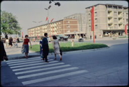 Pedestrians crossing a crosswalk, with housing in the background (Nowe Tychy, Tychy, PL)