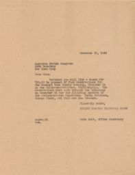 Ruth Heit to the American Jewish Congress about Payment for the Banquet, December 1948 (correspondence)
