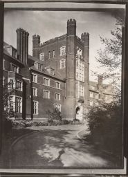 Front of Prudence Risley Hall, viewed from the northeast along curve of brick driveway.