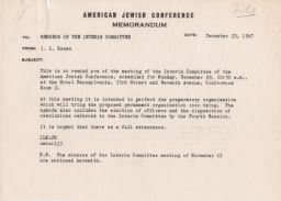 Isaiah L. Kenen to the Members of the Interim Committee about Upcoming Meeting, December 1947 (correspondence)