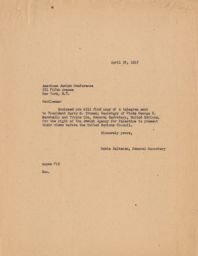 Rubin Saltzman to the American Jewish Conference Regarding Palestine, April 1947 (telegram)