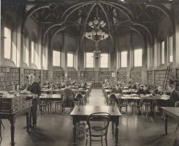 Law Library in Boardman Hall - Librarian E.E. Willever at left. c. 1920's