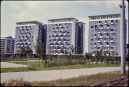 Three large residential buildings fronting a park area (Novi Beograd, Belgrade, RS)