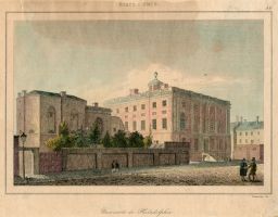 Ninth Street campus of the University of Pennsylvania (1802-1829), hand colored steel engraving by Traversier
