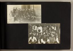 Two photos of groups of male students; one in suits outside Llenroc, the other in vaudeville-like costumes (including blackface makeup).