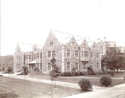 Houston Hall (built 1894, Frank Miles Day and Hays and Medary, architects), exterior, terrace and north and west facades