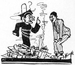 Cremation Exercise 1911, burning of professor and books, cartoon drawing