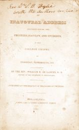 William Heathcoate DeLancey (1797-1865), address upon his 1828 inauguration as provost, title page