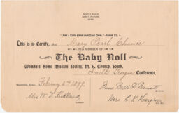 Certificate for Mary Pearl Chance with chromolithograph image of 2 children and note