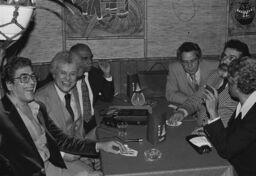 Charlie Palmieri, Ray Barretto, Tito Puente, Machito, Johnny Pacheco, and Joe Quijano at a party for Charlie Palmieri at Beau's, the Bronx