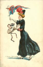 Postcard, "College Girl" standing and holding a drum in right hand and a red and blue "P" pennant in left hand
