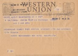 Harry Weissinger to Rubin Saltzman about Reservation, November 1946 (telegram)