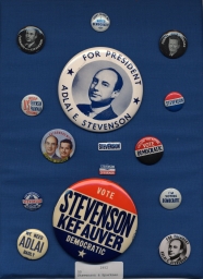 Stevenson-Sparkman and Stevenson-Kefauver Campaign Buttons and Tabs, ca. 1952-1956