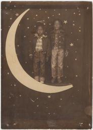 Two boys standing on crescent moon with starry backdrop