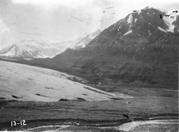 Panorama of end of Hidden Glacier from elevated gravel terrace west of deep gully. From Gilbert's site