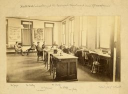 Biological Hall (built 1884, Frederick M. Mann, architect; later MacFarlane Hall of Botany), interior, faculty members in northwest laboratory,